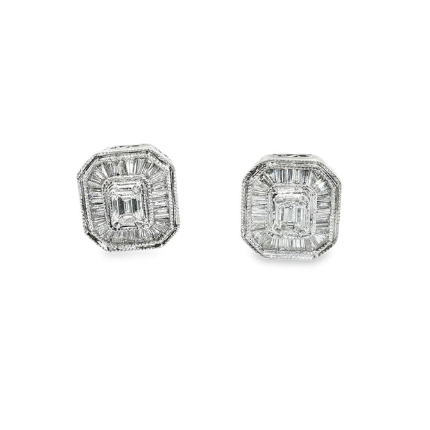 Platinum Stud Earrings with Emerald Cut Diamonds