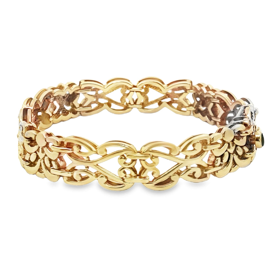 Yellow Gold Chain Bracelet with Dark Green Jade Cabochon