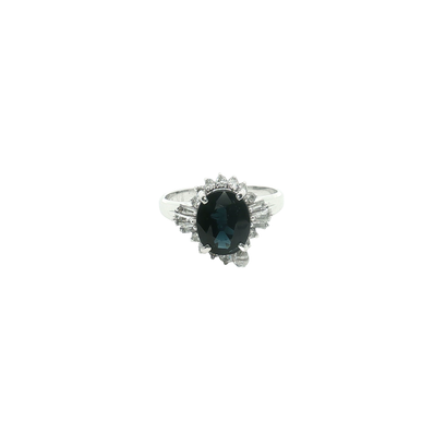 Platinum Cocktail Ring with Deep Blue Oval Sapphire Cabochon