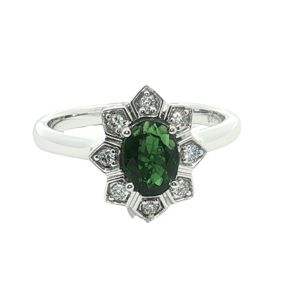 14K White Gold 0.73 Carat Tsavorite Garnet & Diamond Floral Halo Ring