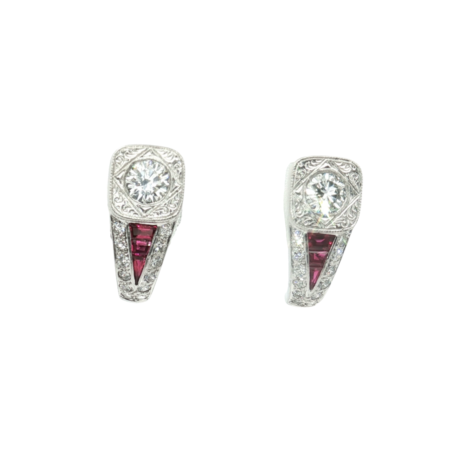 Platinum Clip-On Earrings with Round Cut Diamonds and Red Ruby Accents