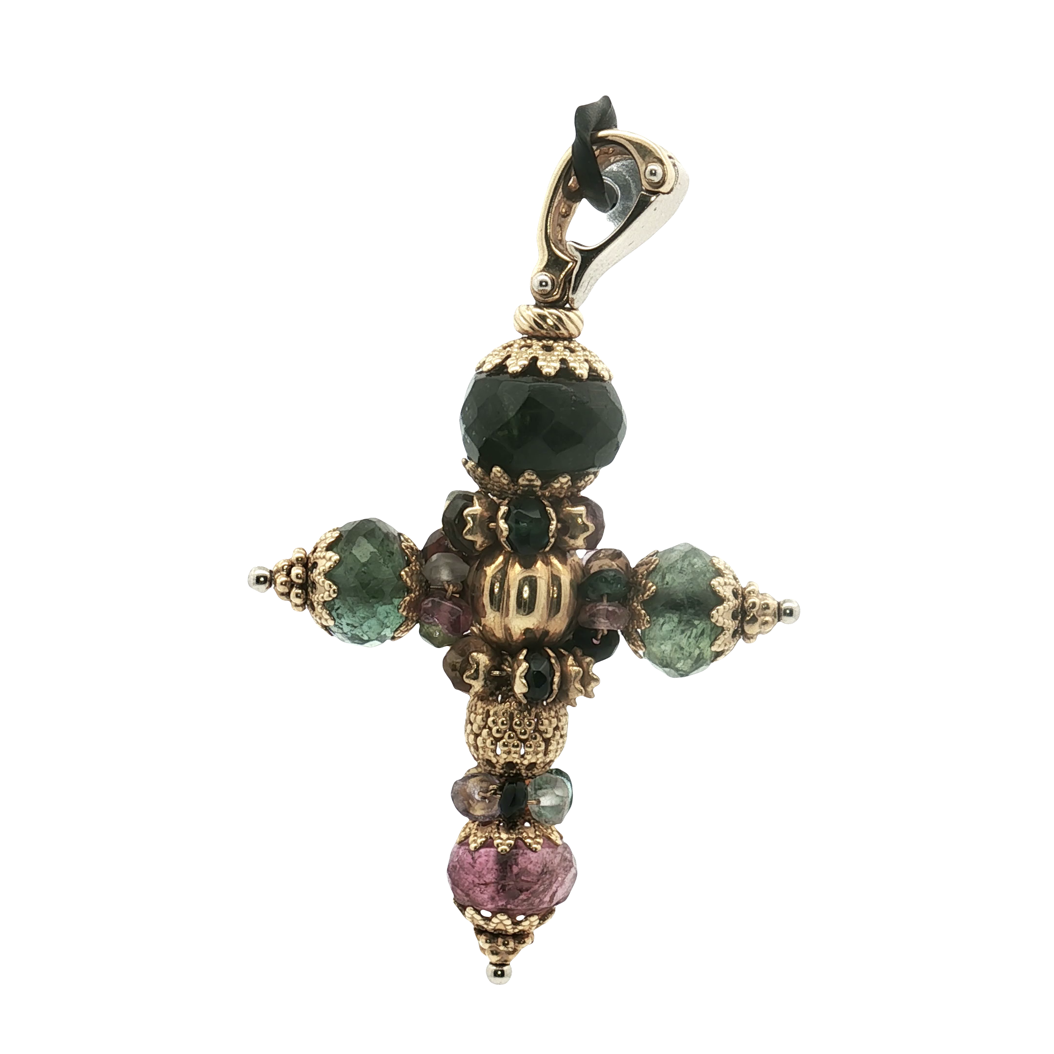 Yellow Gold Cross Pendant with Round Cabochon Tourmaline