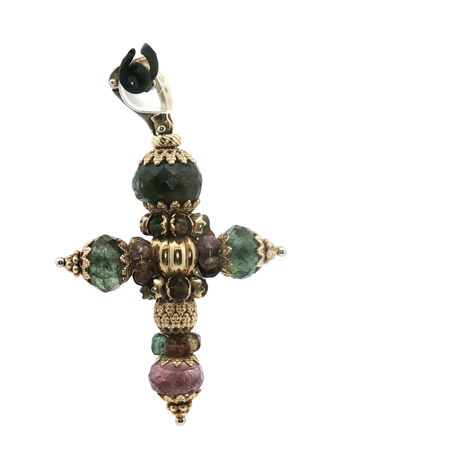 Yellow Gold Cross Pendant with Round Cabochon Tourmaline