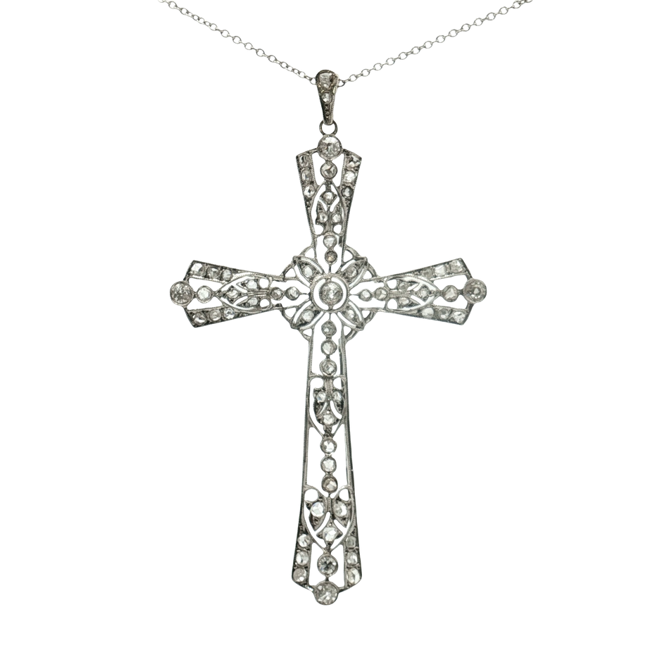 Platinum over Silver Diamond Cross Charm Necklace