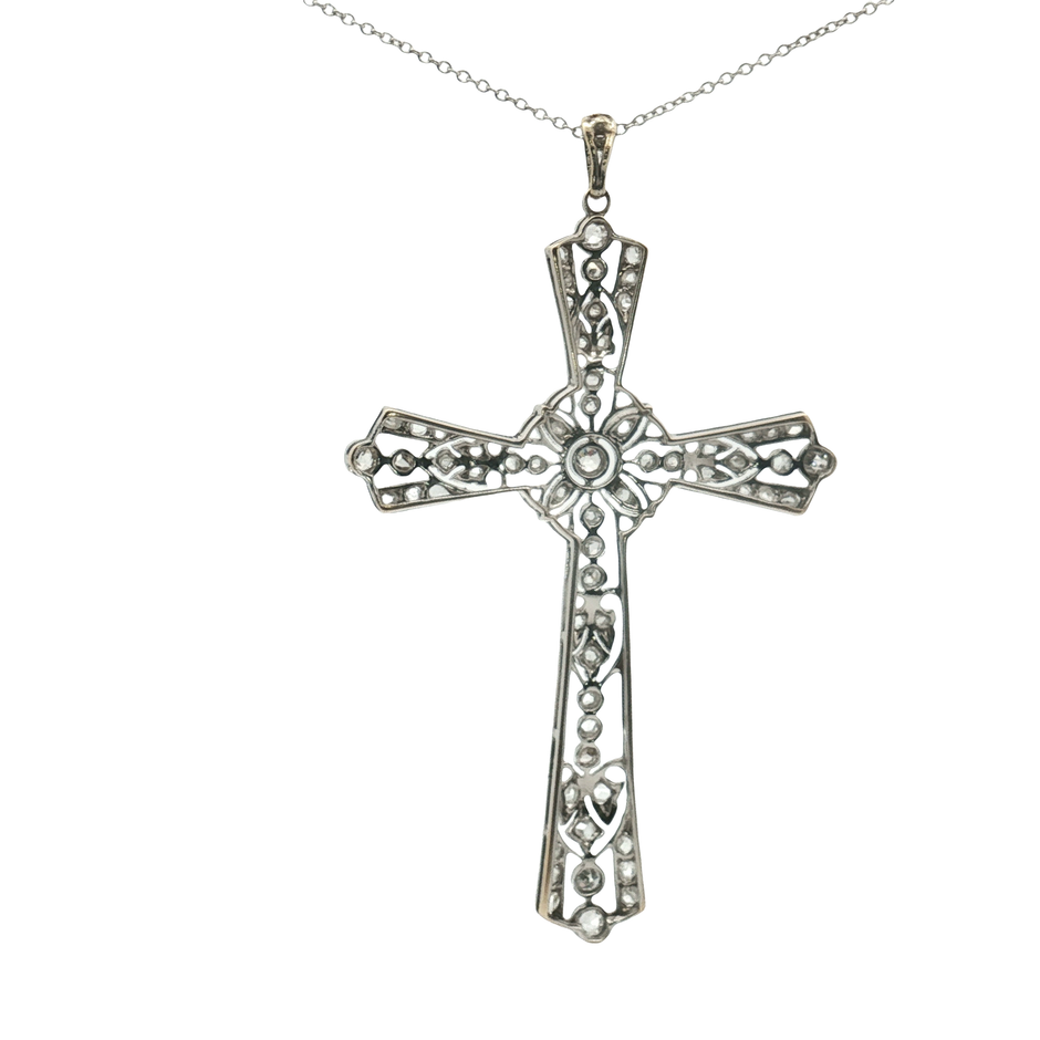 Platinum over Silver Diamond Cross Charm Necklace