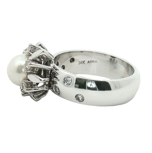 14K White Gold Estate Pearl & Diamond Ring