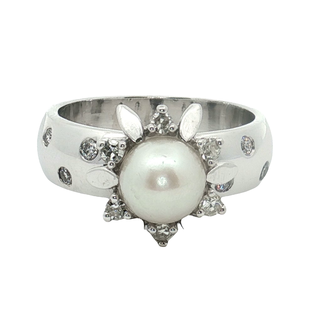 14K White Gold Estate Pearl & Diamond Ring