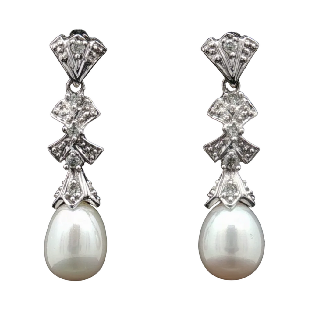 14K White Gold Estate Pearl & Pavé Diamond Drop Earrings