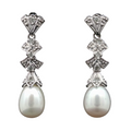 14K White Gold Estate Pearl & Pavé Diamond Drop Earrings