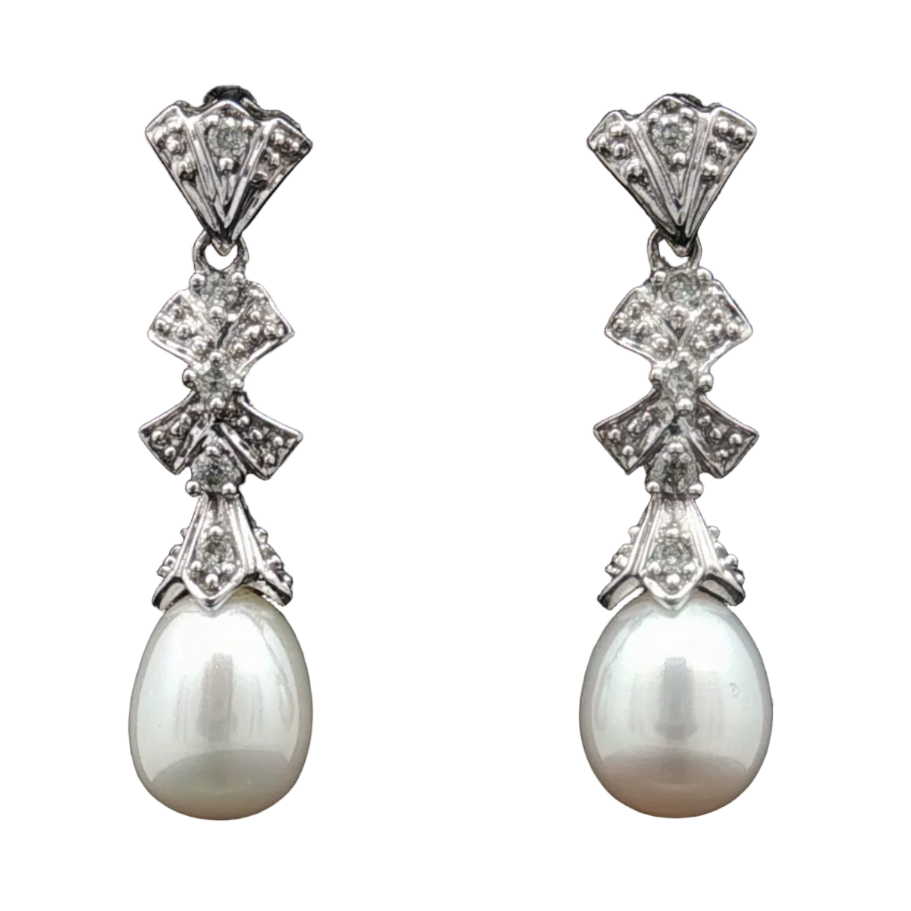 14K White Gold Estate Pearl & Pavé Diamond Drop Earrings