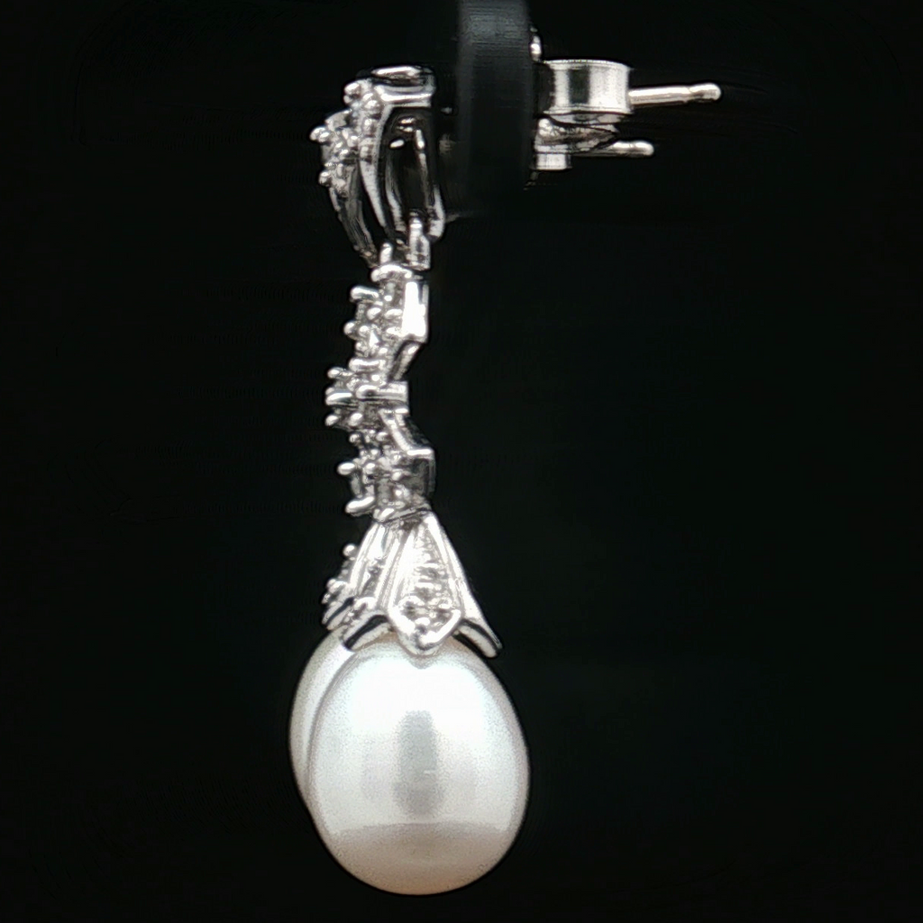 14K White Gold Estate Pearl & Pavé Diamond Drop Earrings