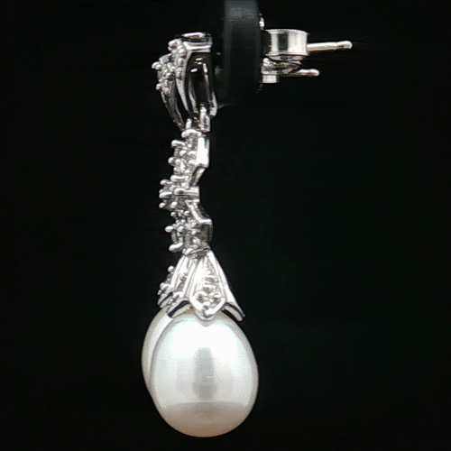 14K White Gold Estate Pearl & Pavé Diamond Drop Earrings