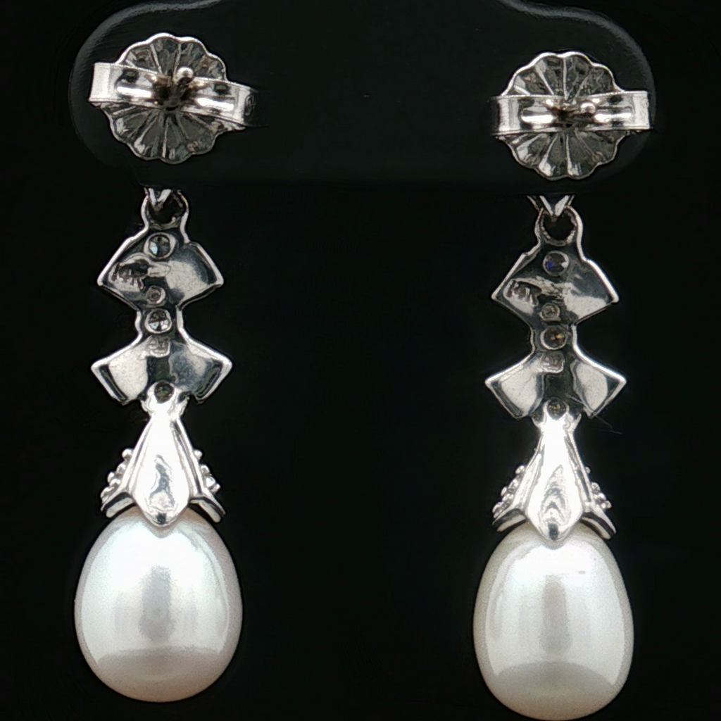 14K White Gold Estate Pearl & Pavé Diamond Drop Earrings