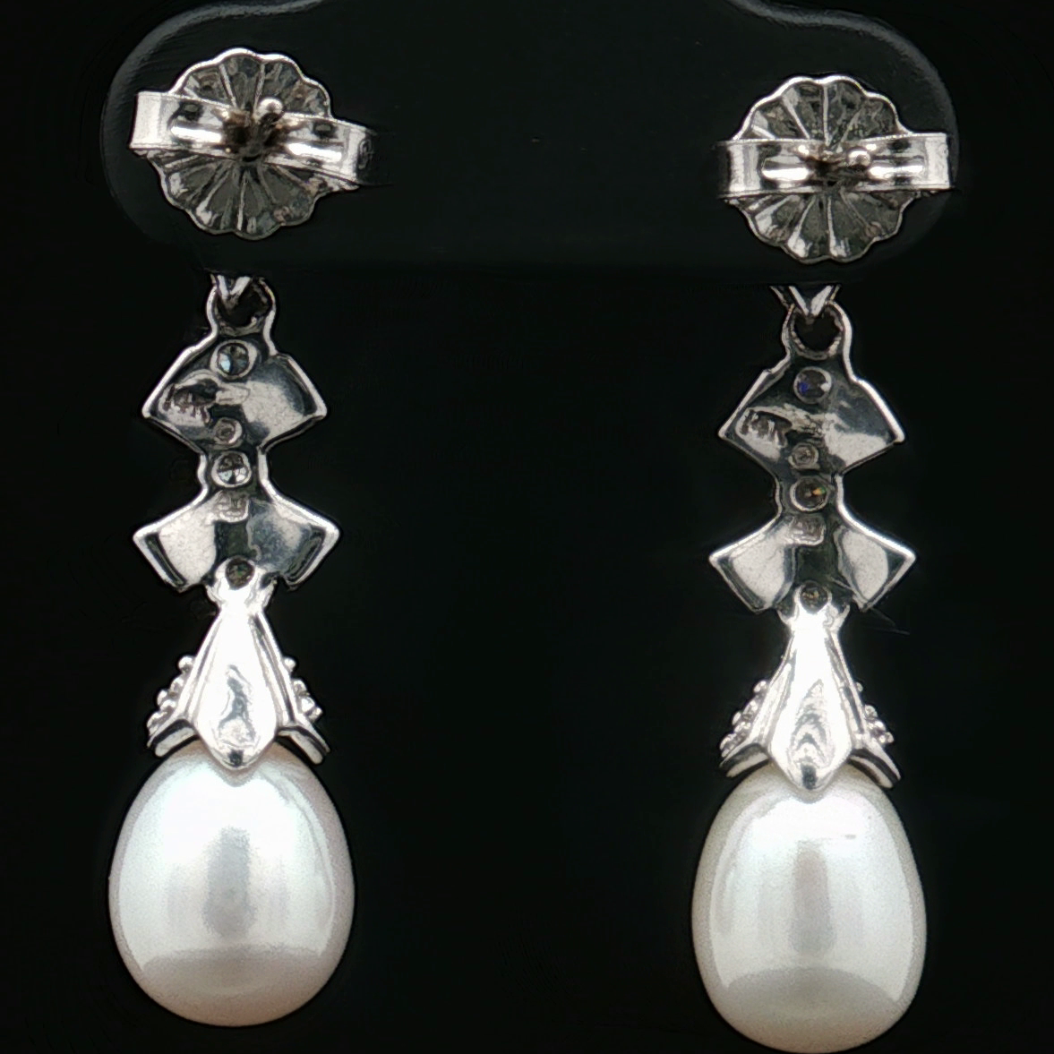 14K White Gold Estate Pearl & Pavé Diamond Drop Earrings