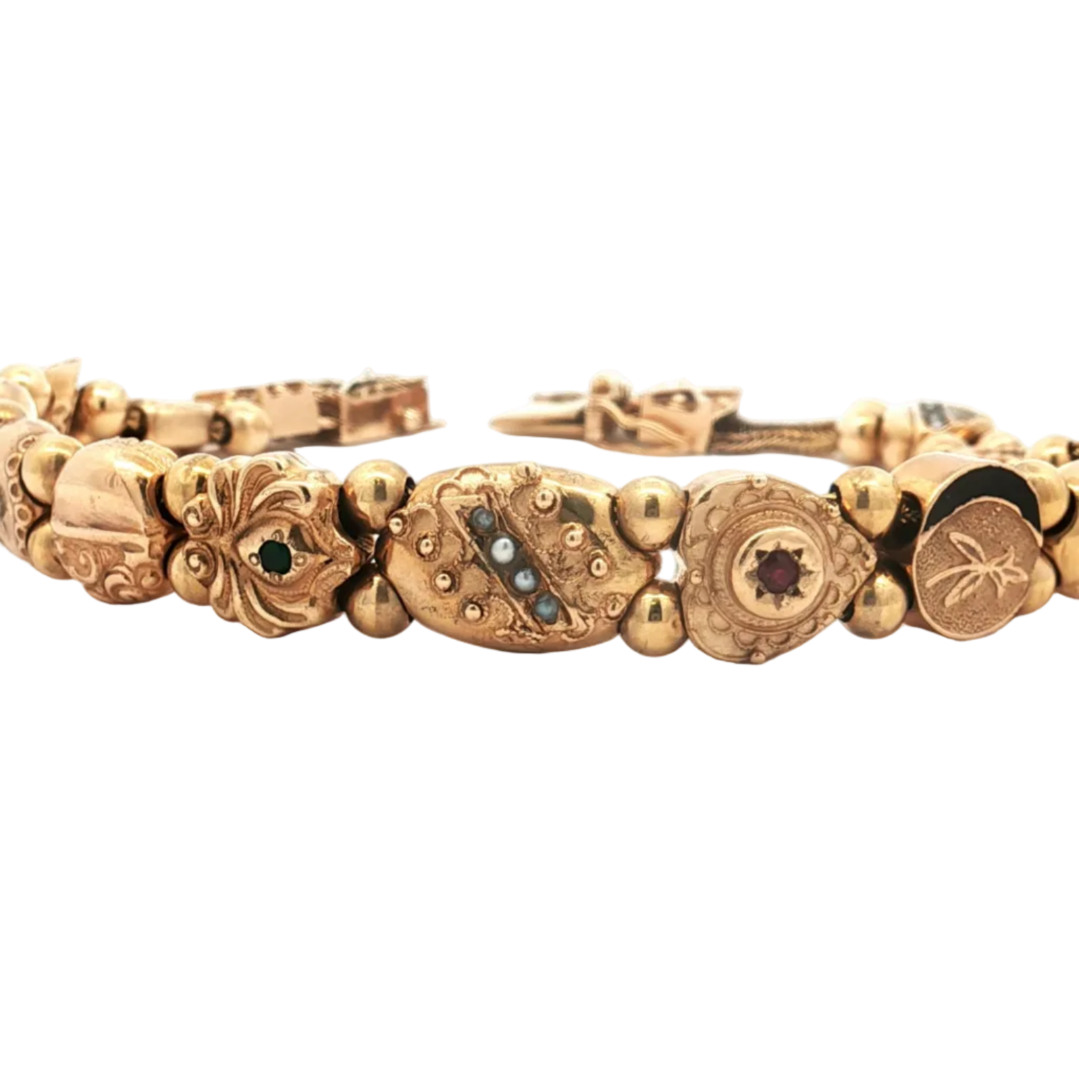 14K Yellow Gold Vintage Multi-Gem & Seed Pearl Slide Bracelet
