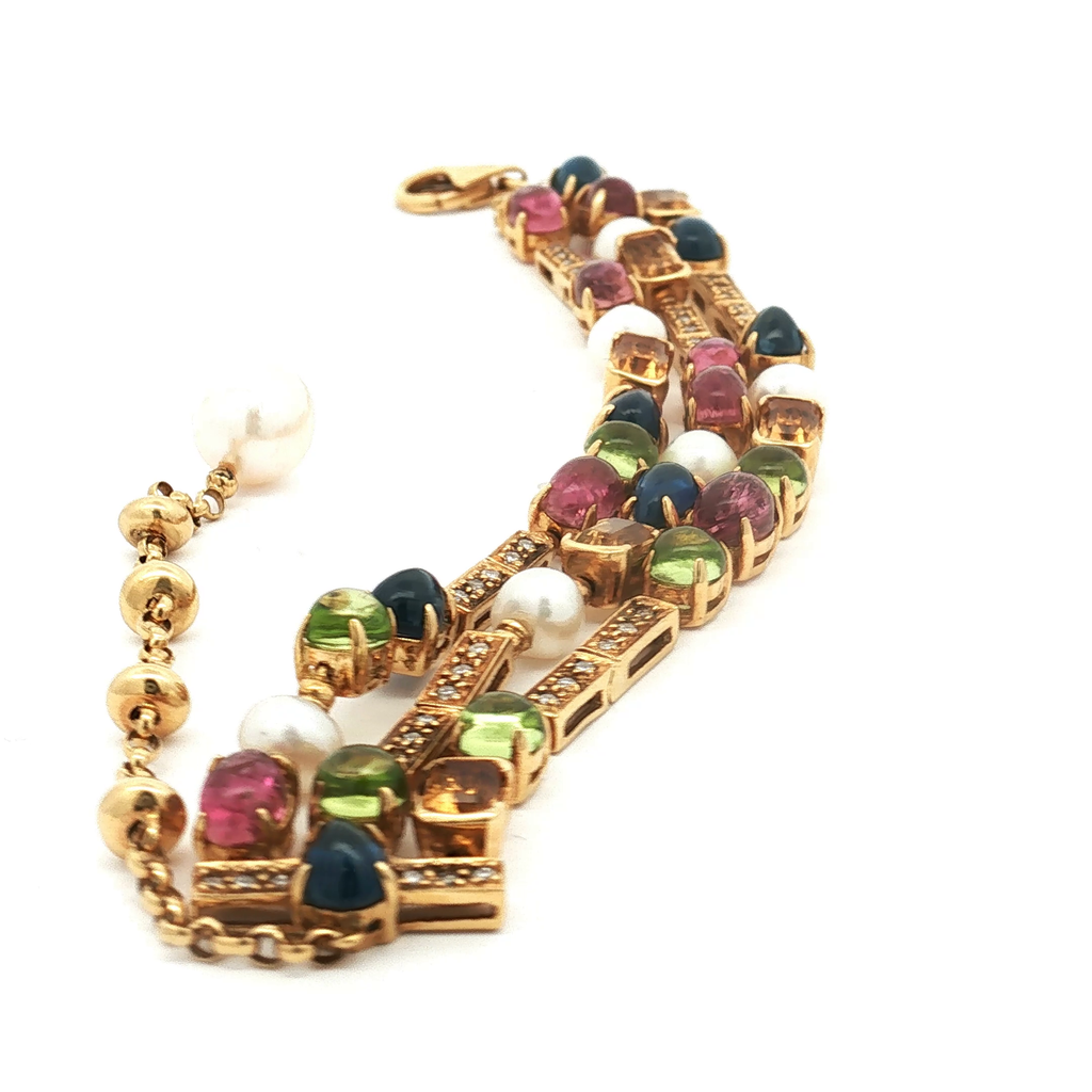 18K Yellow Gold Estate Multi-Gem & Pearl Bracelet