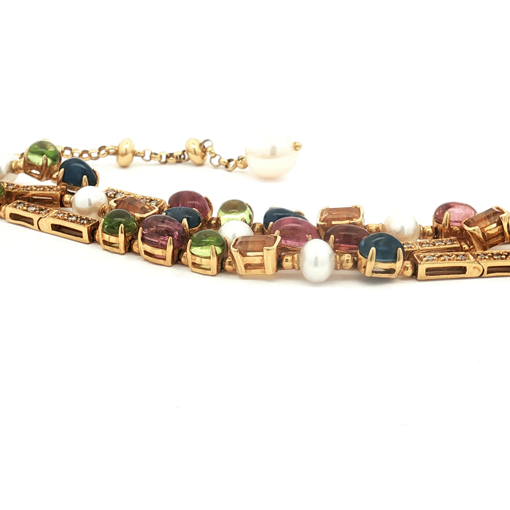 18K Yellow Gold Estate Multi-Gem & Pearl Bracelet