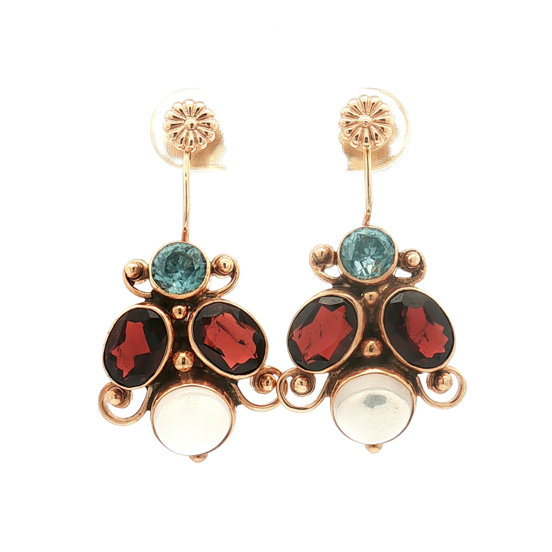Estate 14K Yellow Gold Moonstone, Garnet and Blue Topaz Drop Earrings