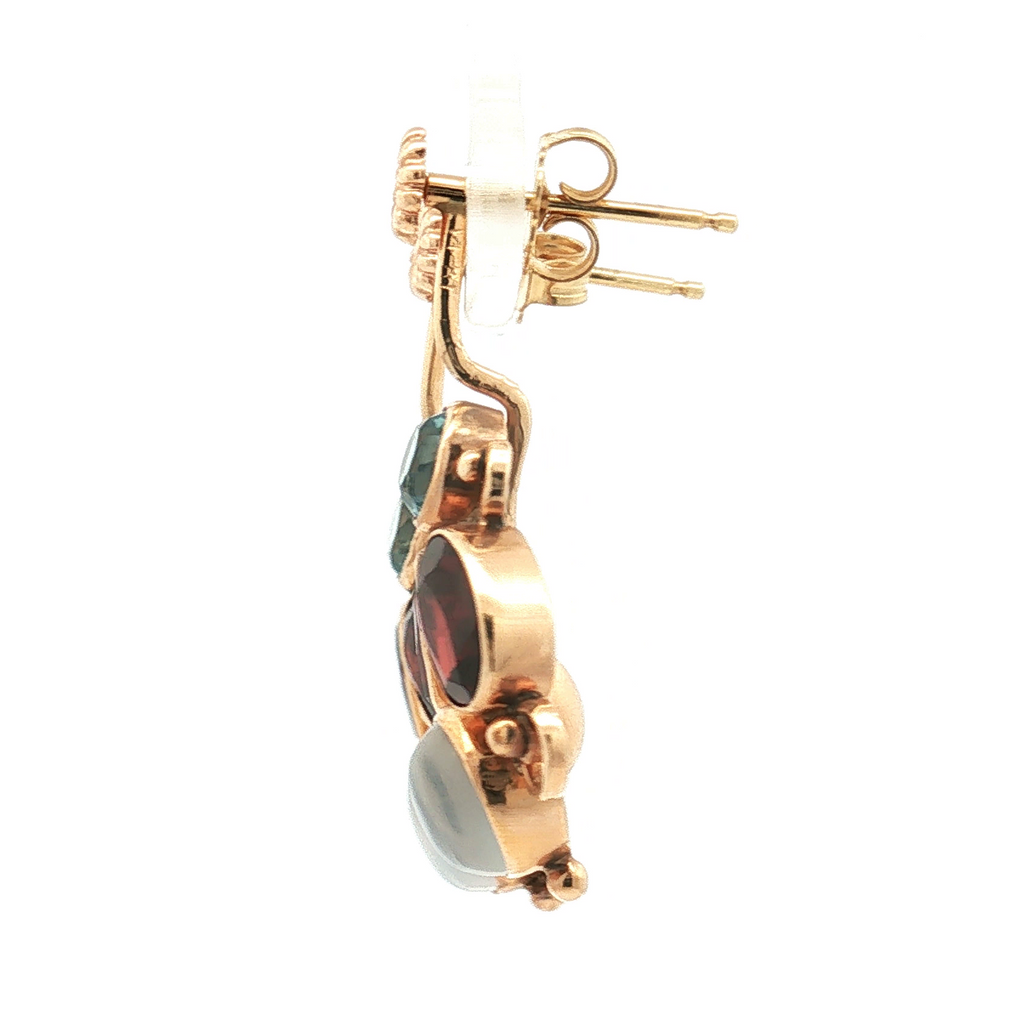 Estate 14K Yellow Gold Moonstone, Garnet and Blue Topaz Drop Earrings