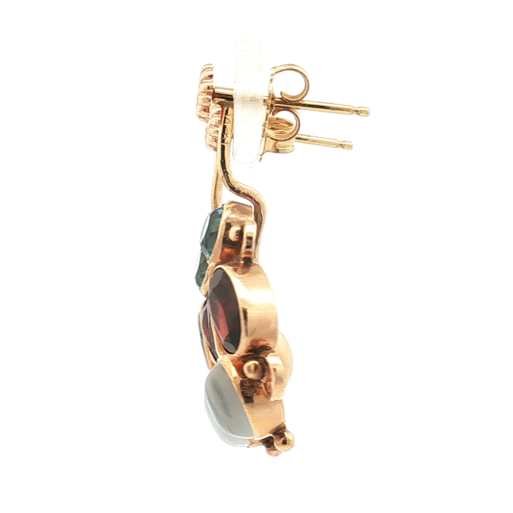 Estate 14K Yellow Gold Moonstone, Garnet and Blue Topaz Drop Earrings