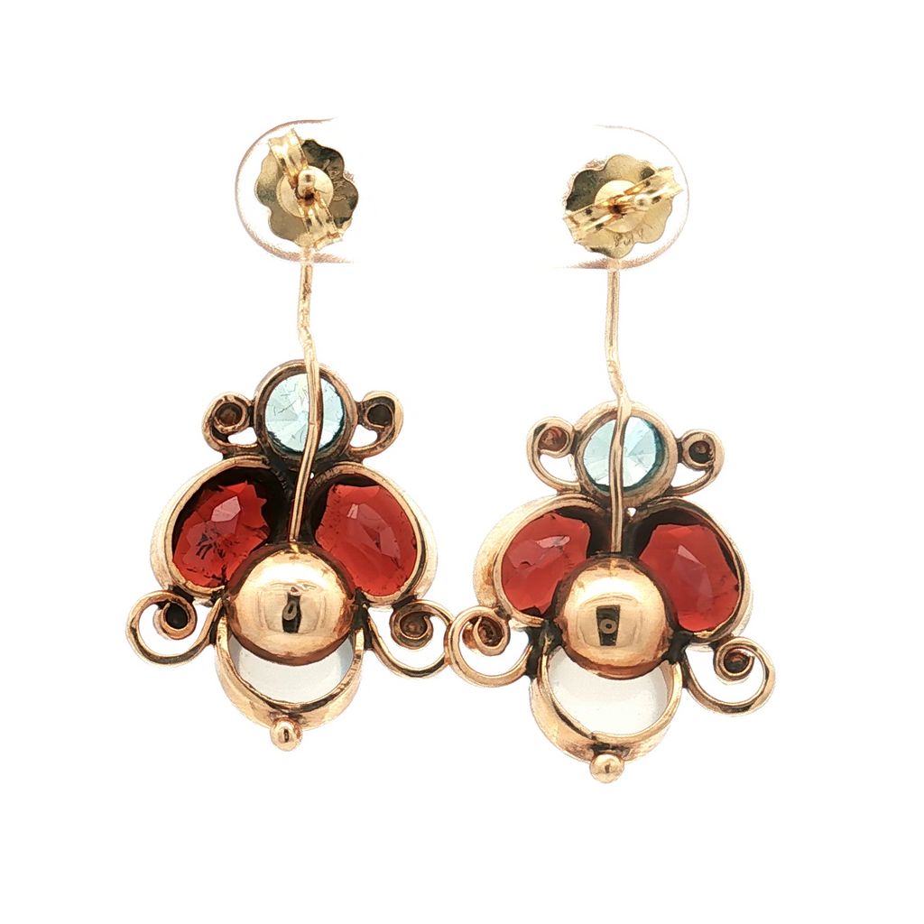 Estate 14K Yellow Gold Moonstone, Garnet and Blue Topaz Drop Earrings