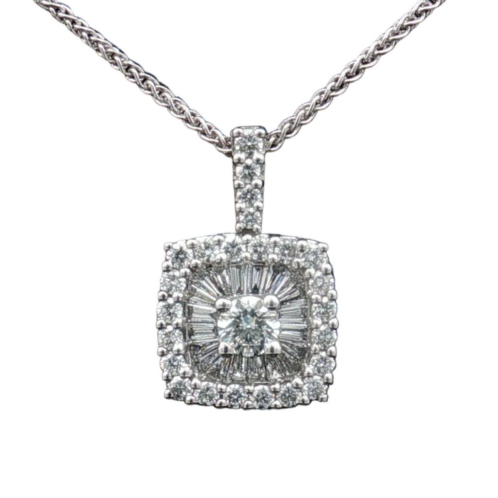 14K White Gold, ~0.72 Carat Diamond Cushion Halo Pendant