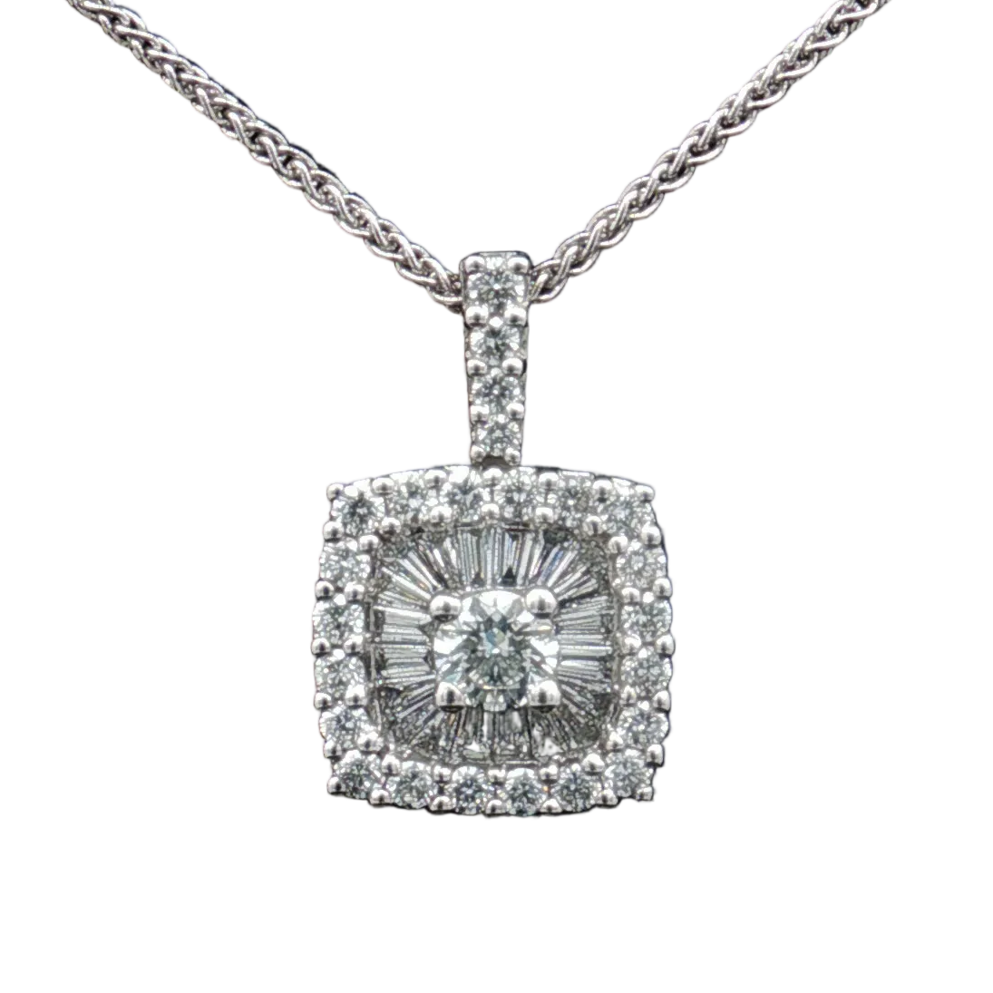 14K White Gold, ~0.72 Carat Diamond Cushion Halo Pendant