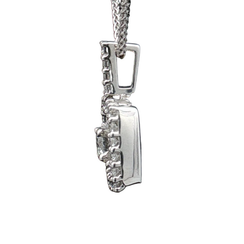 14K White Gold, ~0.72 Carat Diamond Cushion Halo Pendant