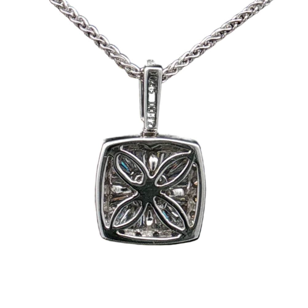 14K White Gold, ~0.72 Carat Diamond Cushion Halo Pendant