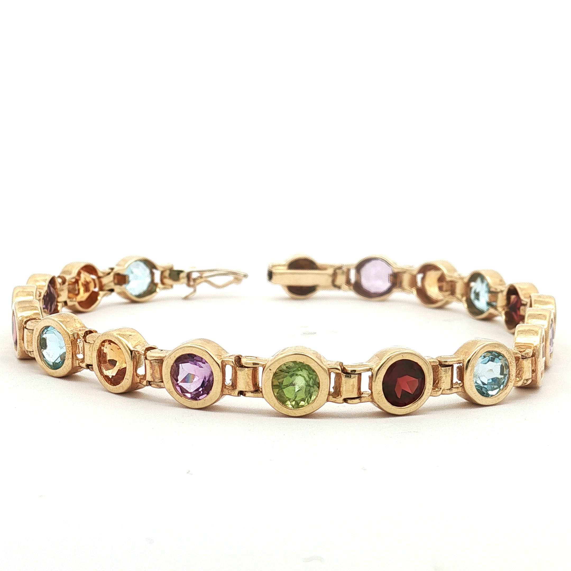 Estate 14K Yellow Gold Bezel-Set Multi-Gemstone Link Bracelet