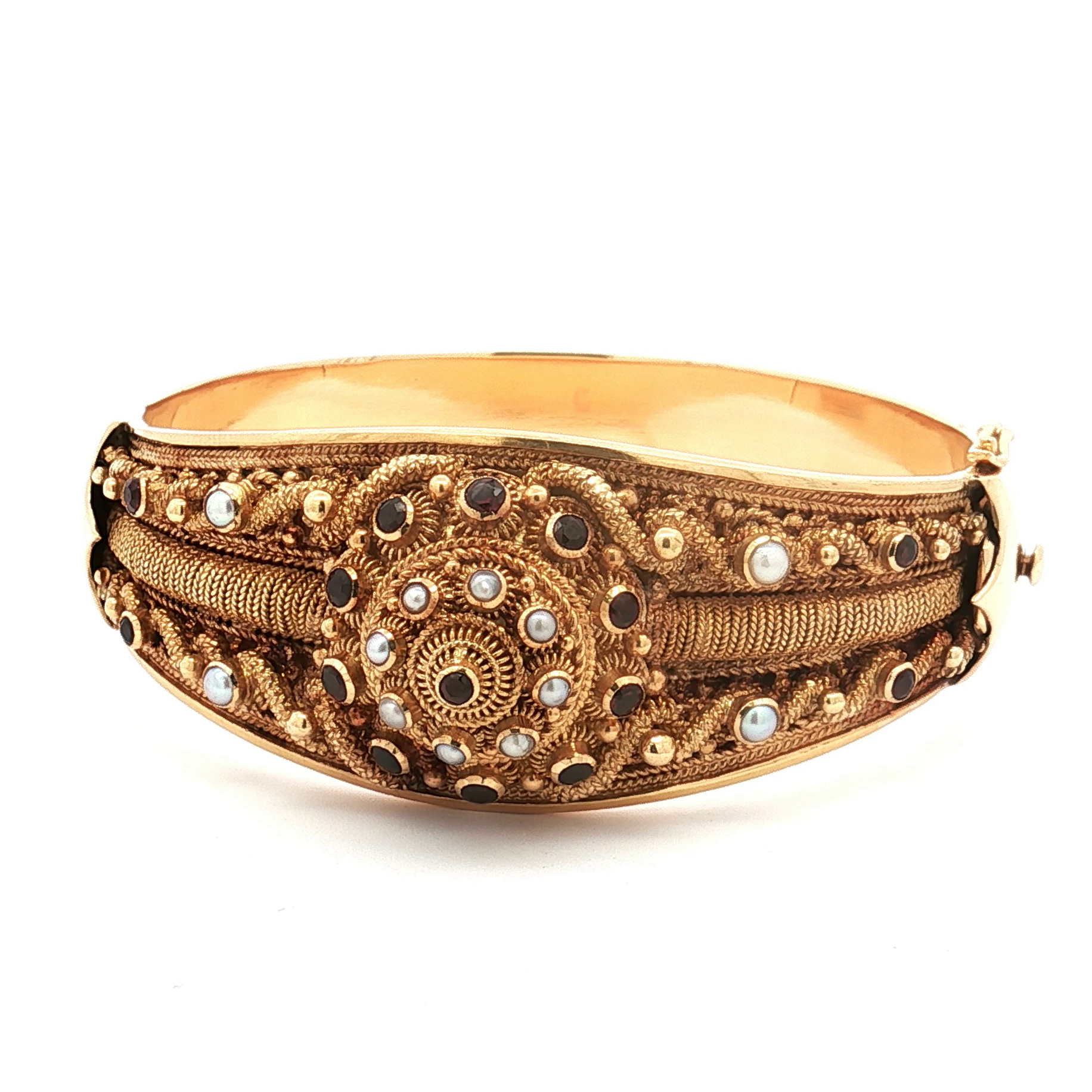 Vintage 22K Yellow Gold Garnet and Pearl Bangle Bracelet