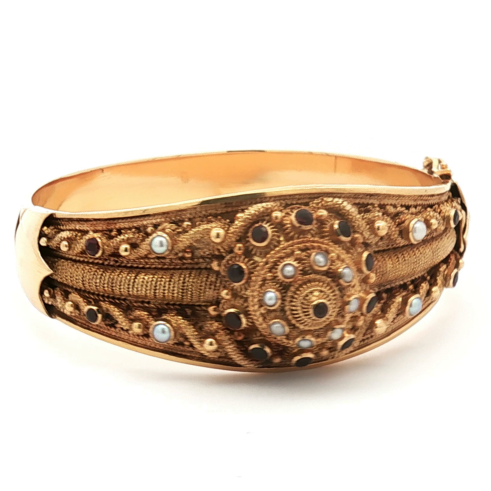 Vintage 22K Yellow Gold Garnet and Pearl Bangle Bracelet