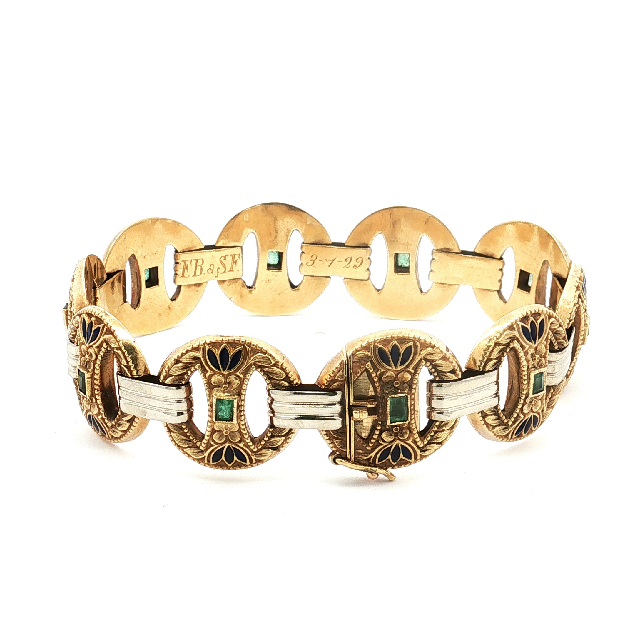 Antique 18K Yellow Gold Emerald and Blue Enamel Bracelet, Dated 1929