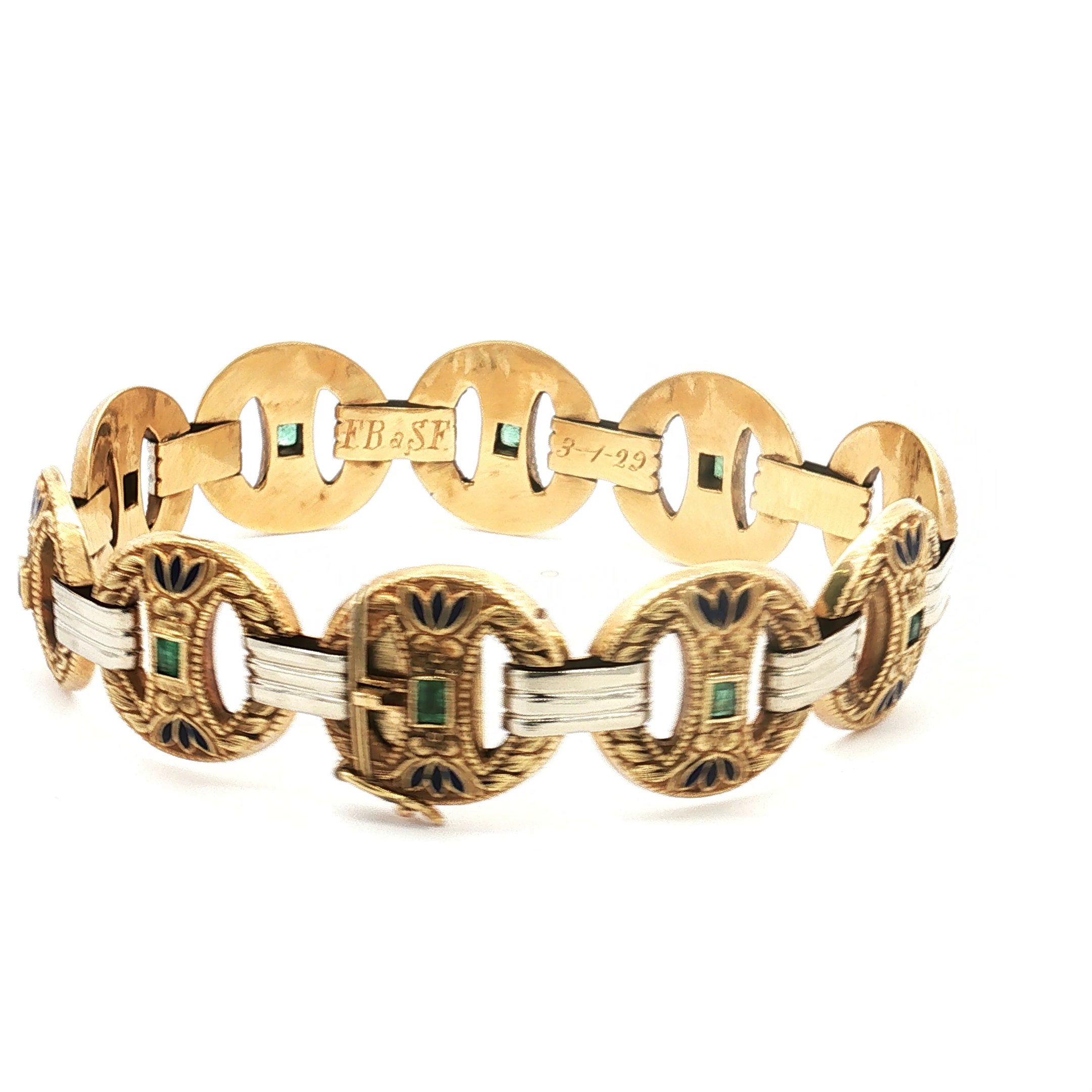Antique 18K Yellow Gold Emerald and Blue Enamel Bracelet, Dated 1929