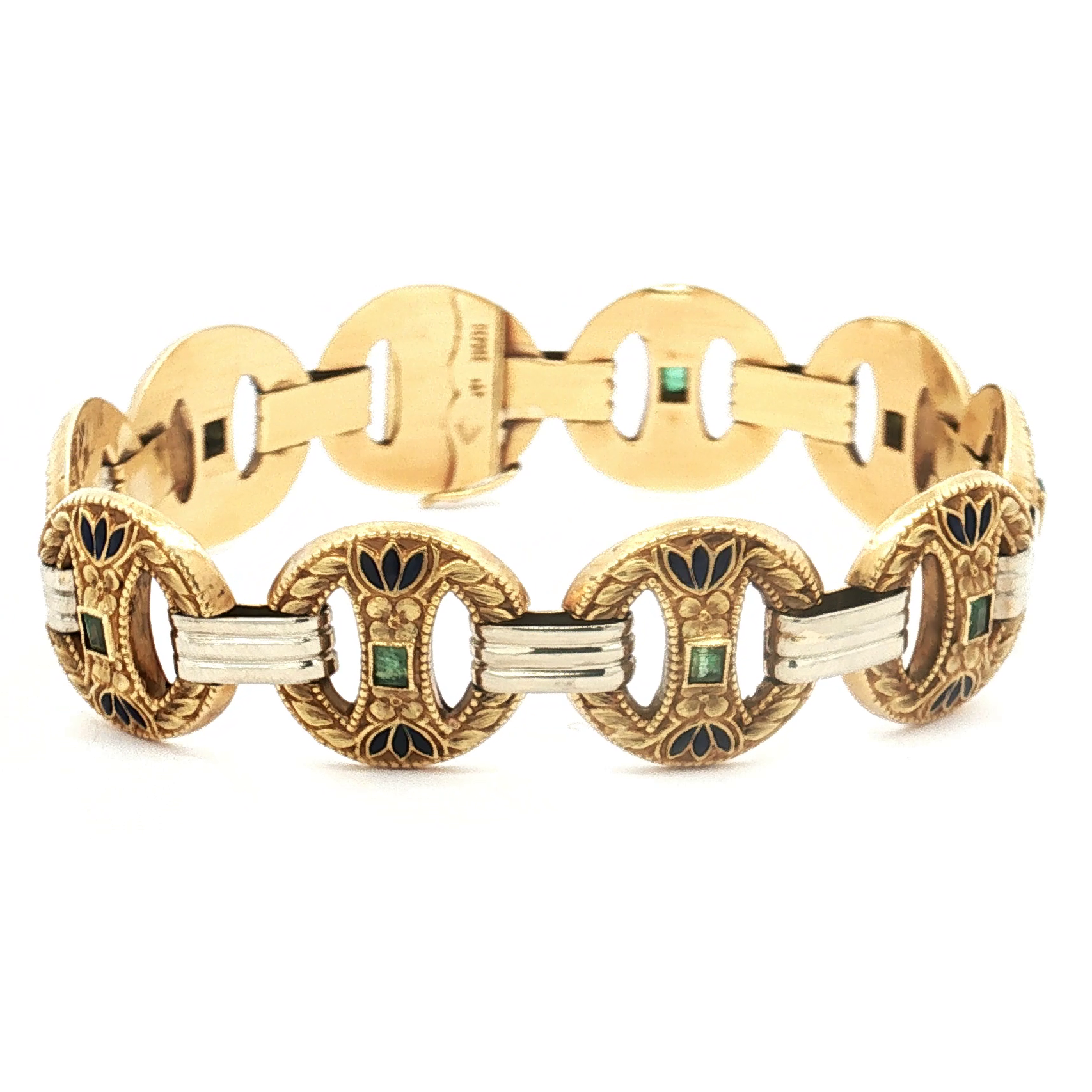 Antique 18K Yellow Gold Emerald and Blue Enamel Bracelet, Dated 1929