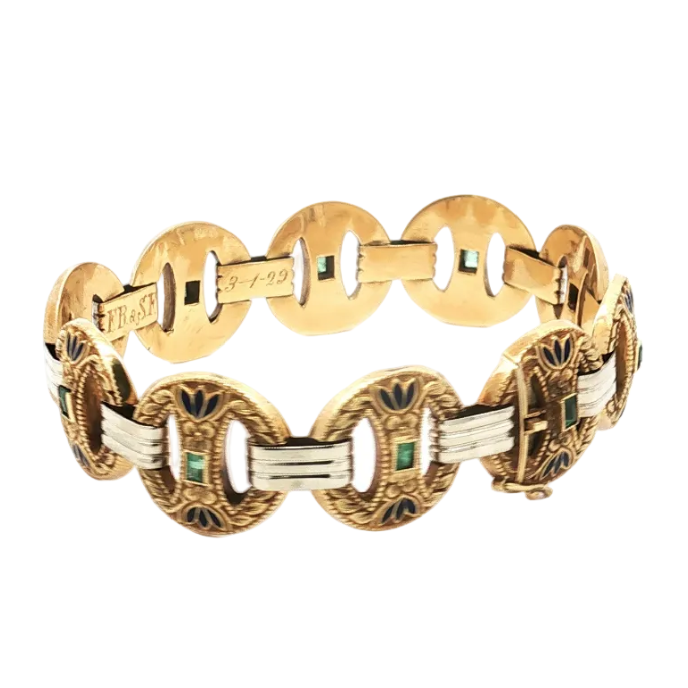 Antique 18K Yellow Gold Emerald and Blue Enamel Bracelet, Dated 1929