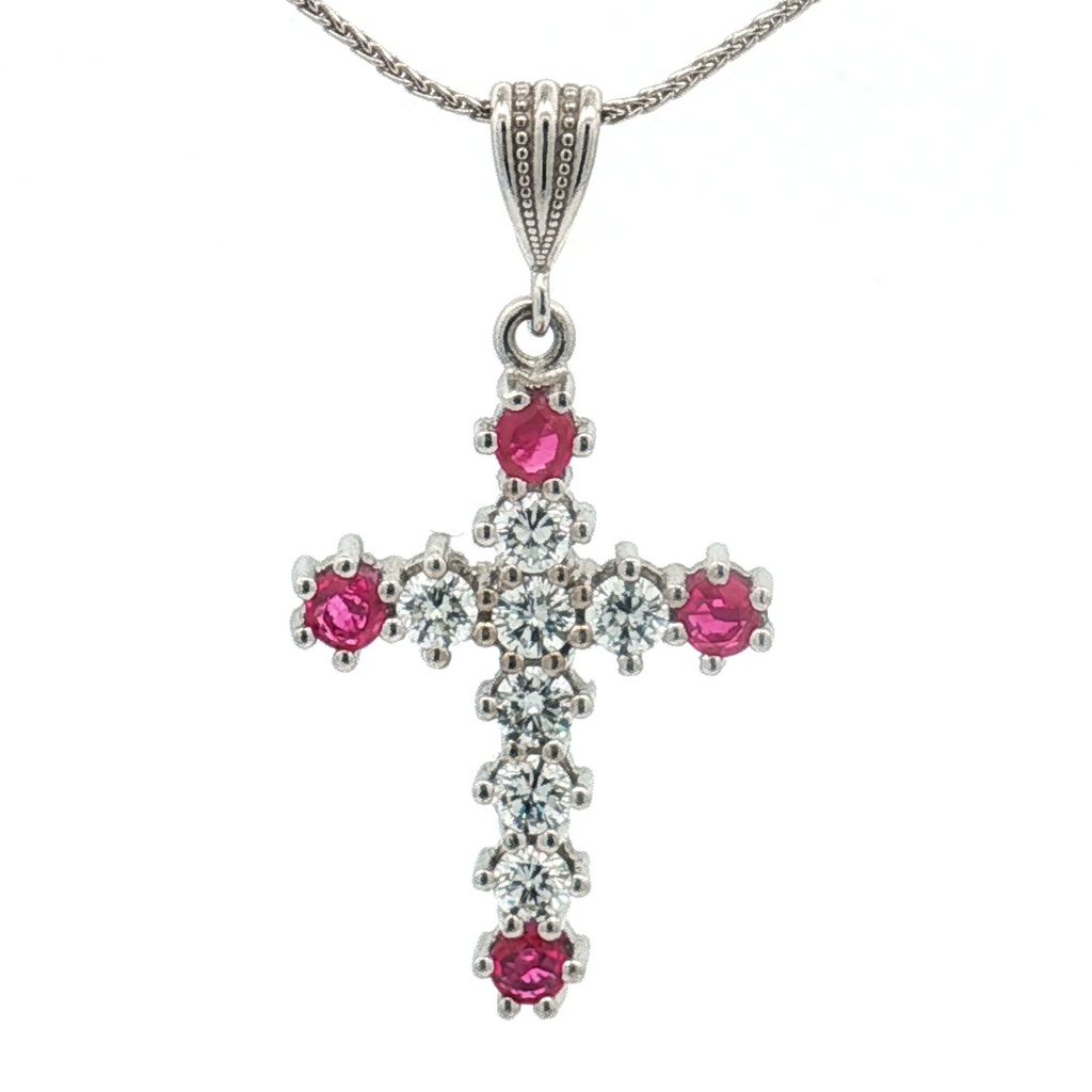 Estate 18K White Gold Diamond & Ruby Cross Pendant