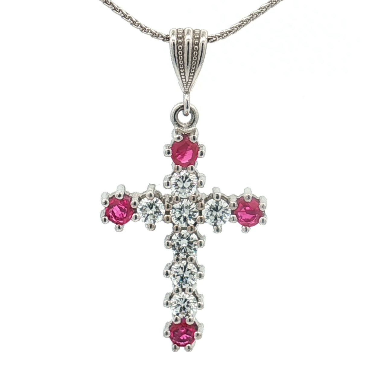 Estate 18K White Gold Diamond & Ruby Cross Pendant