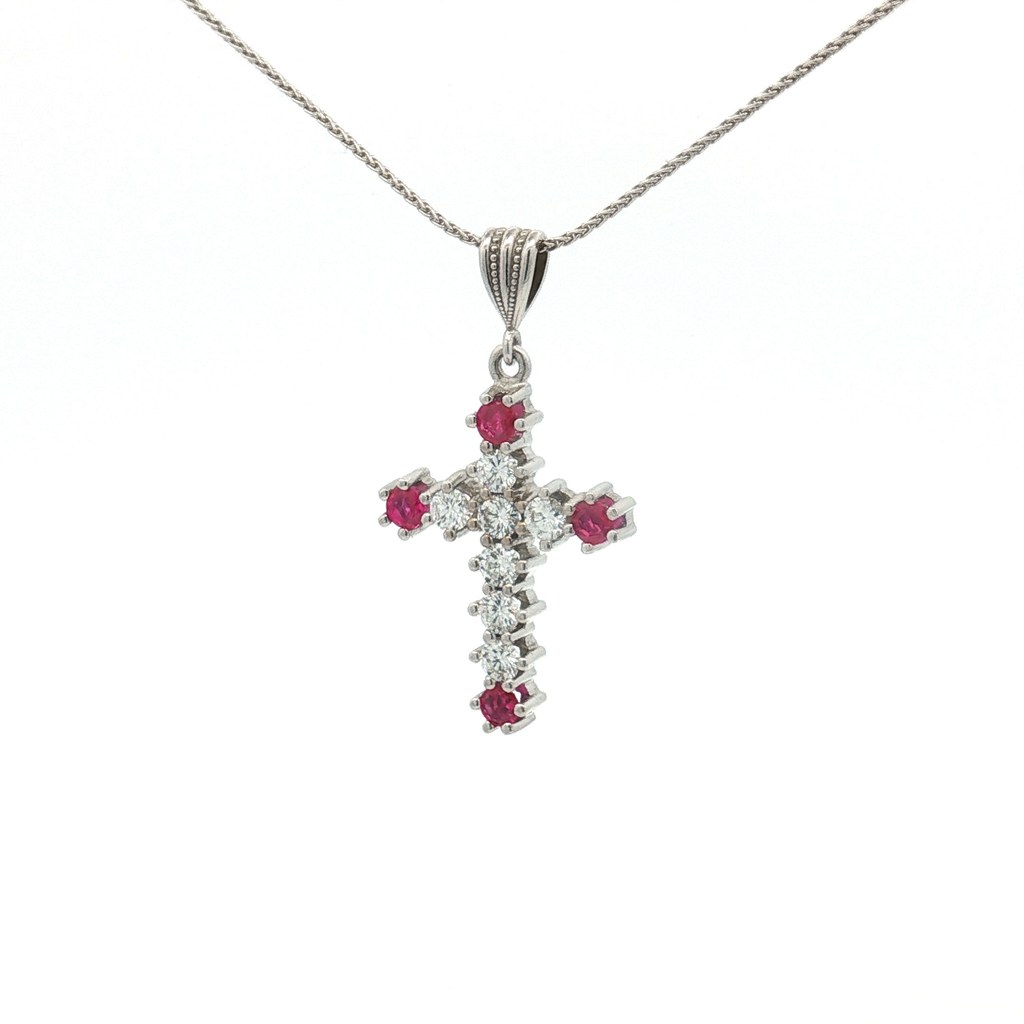 Estate 18K White Gold Diamond & Ruby Cross Pendant