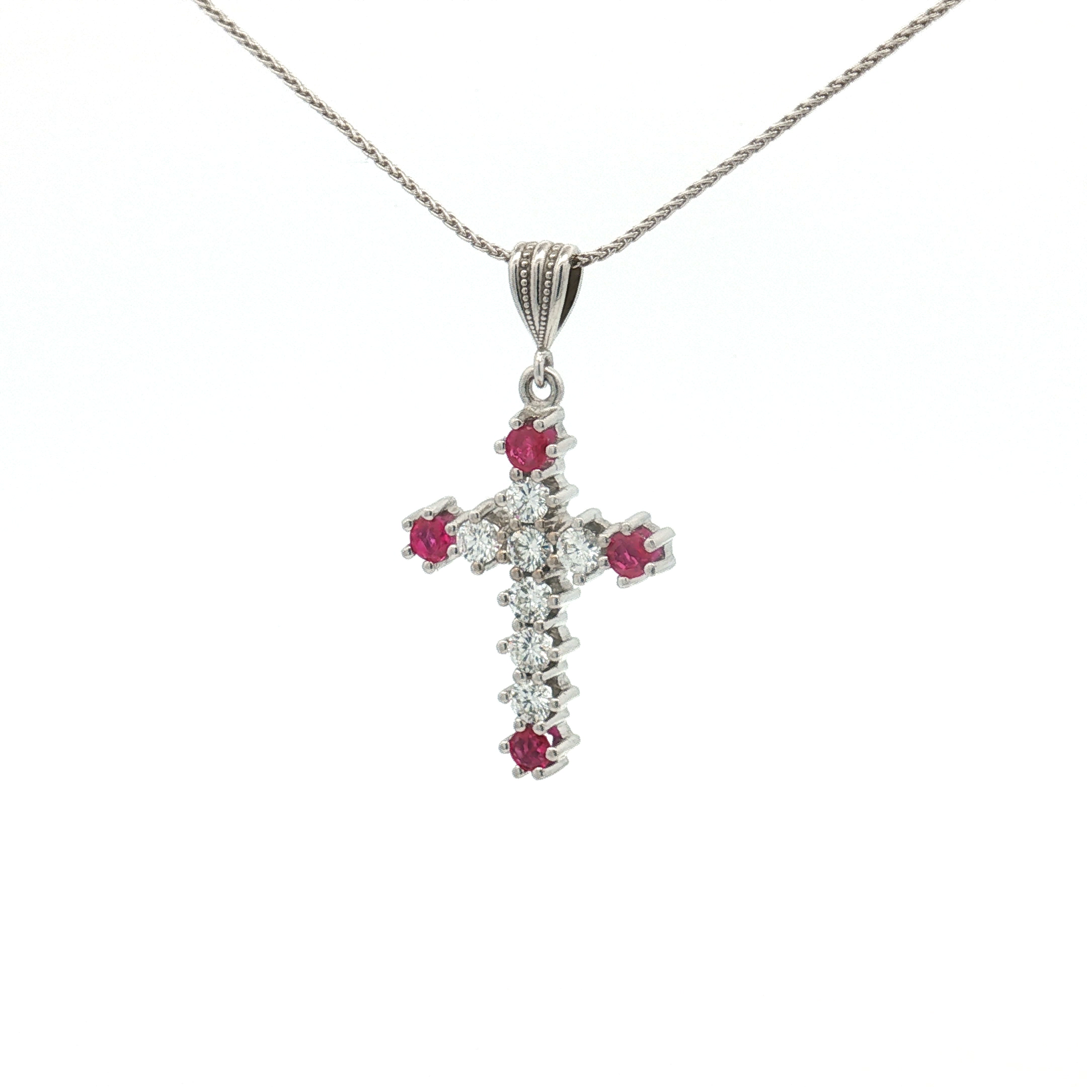Estate 18K White Gold Diamond & Ruby Cross Pendant
