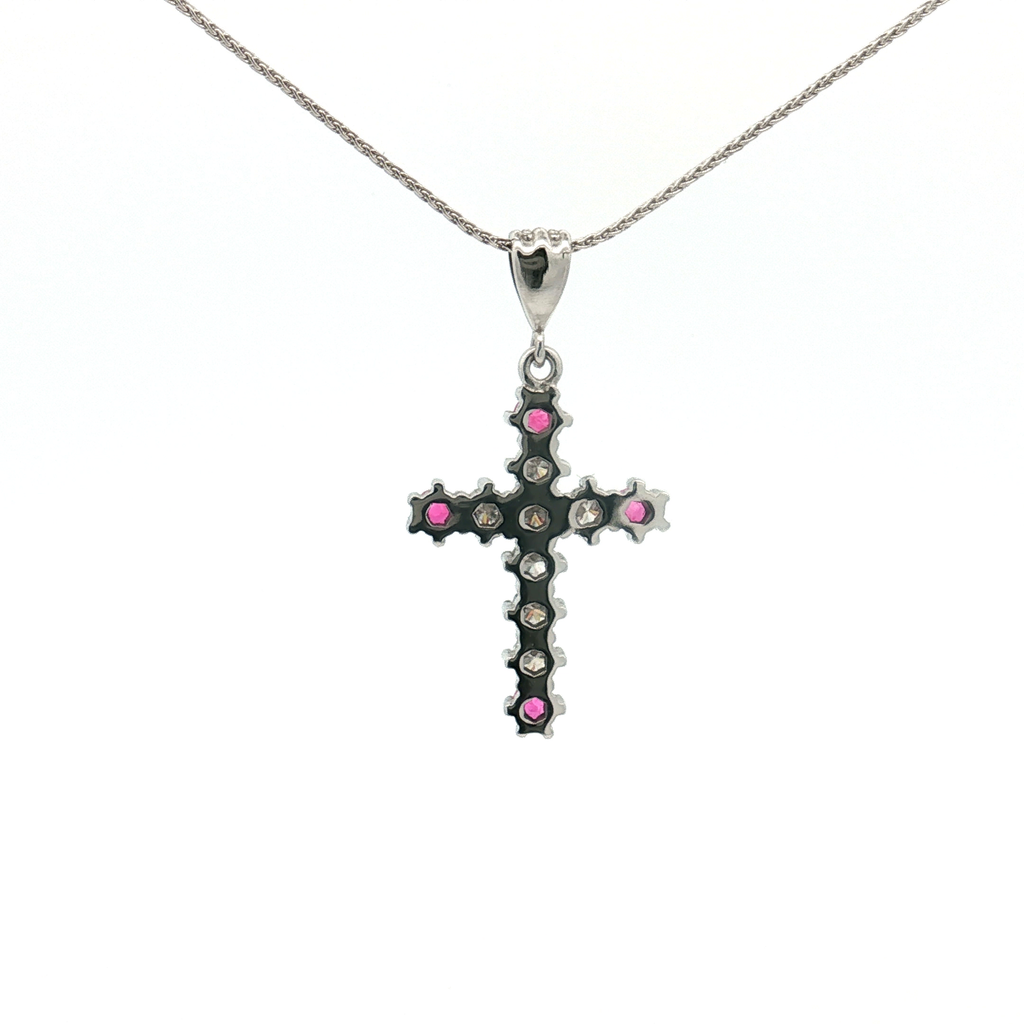 Estate 18K White Gold Diamond & Ruby Cross Pendant