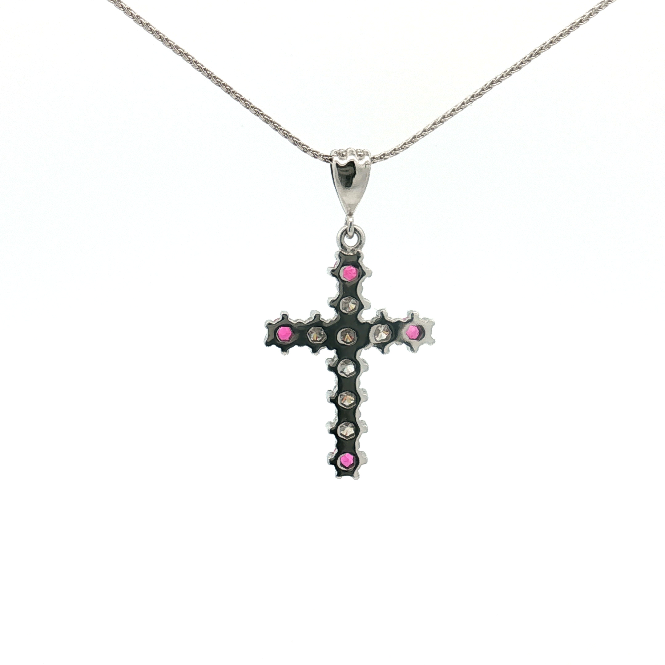 Estate 18K White Gold Diamond & Ruby Cross Pendant