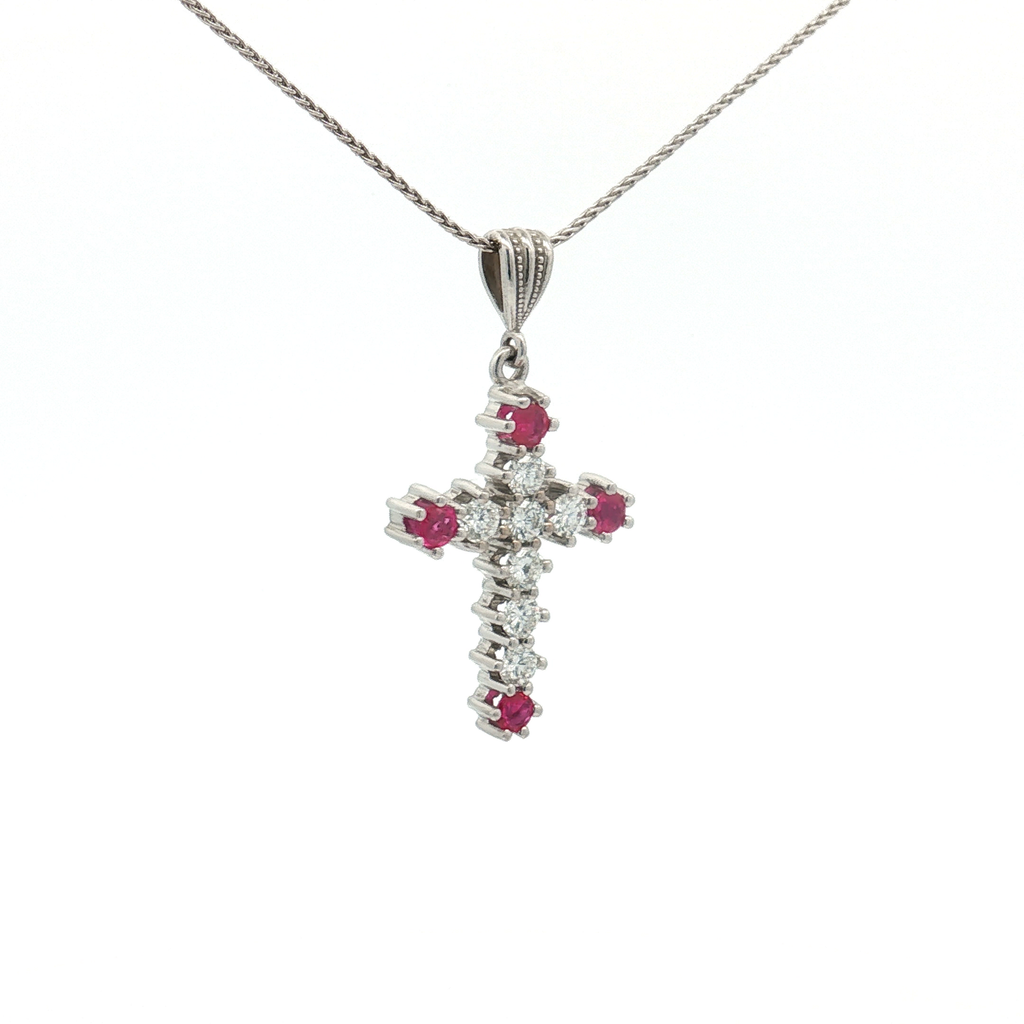 Estate 18K White Gold Diamond & Ruby Cross Pendant