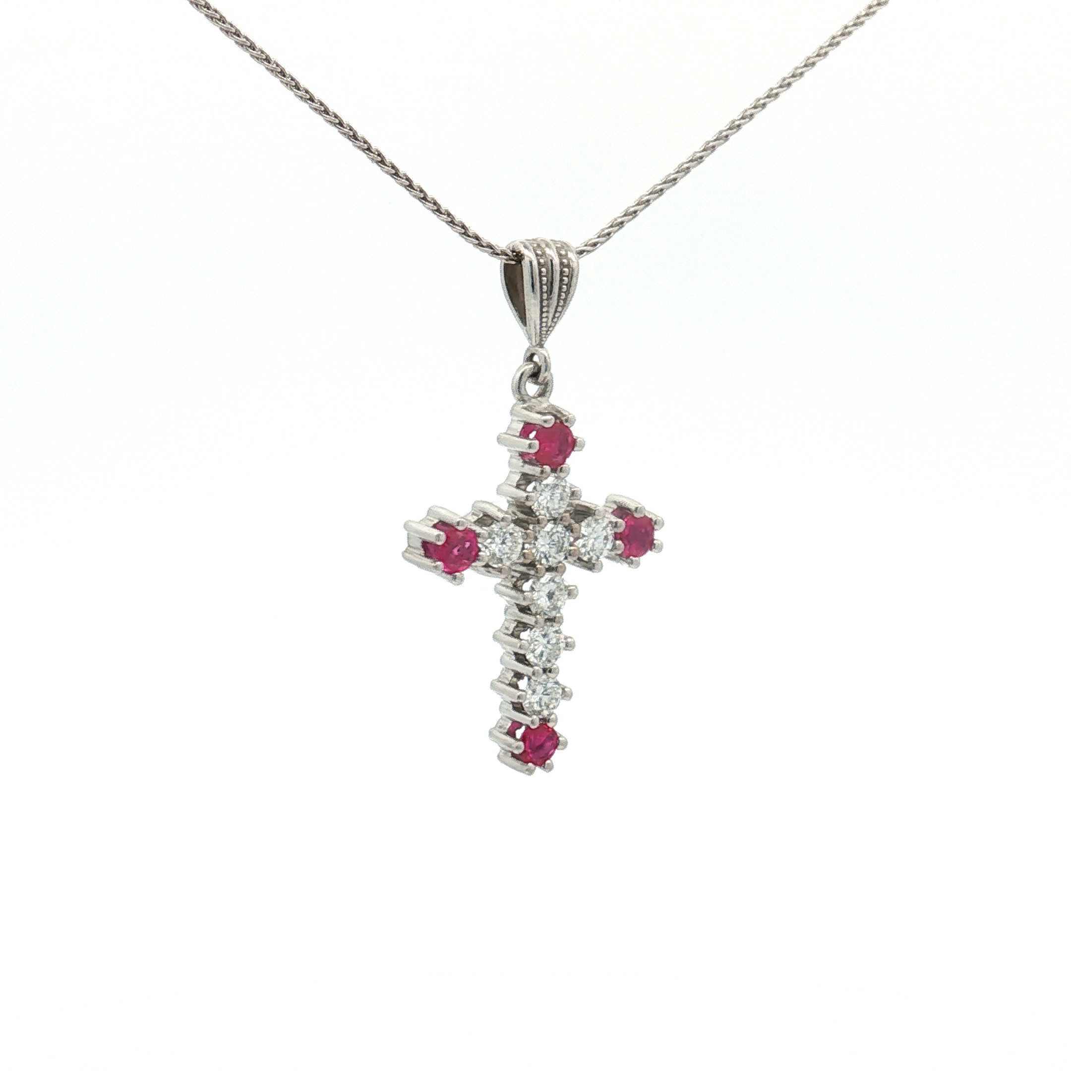 Estate 18K White Gold Diamond & Ruby Cross Pendant
