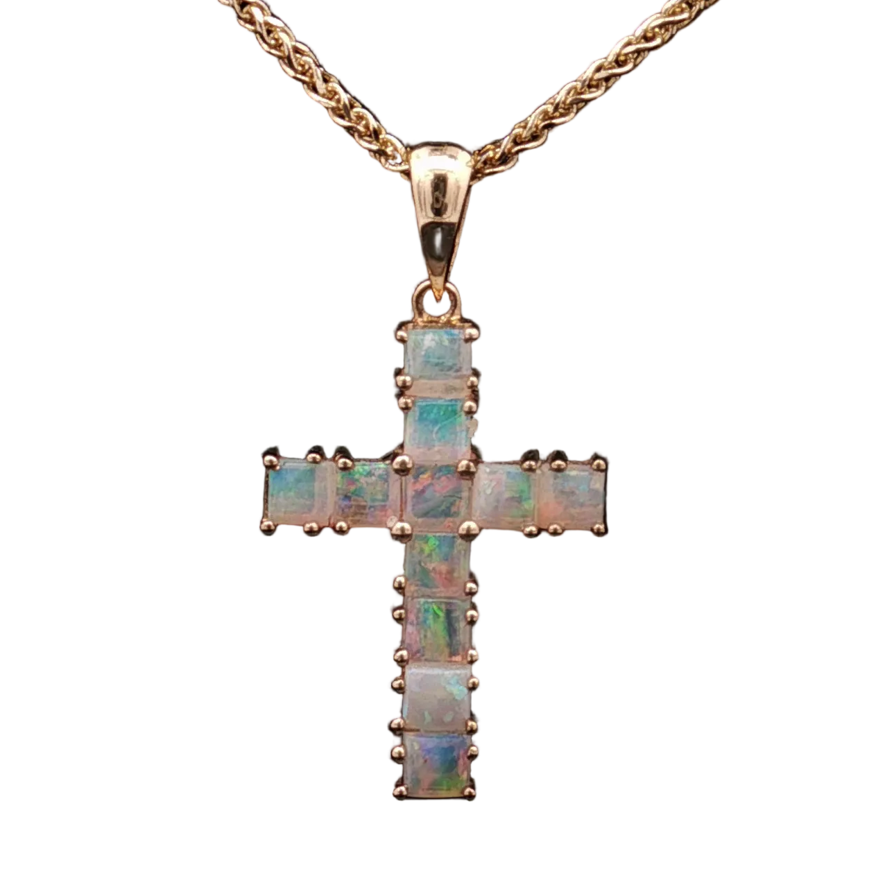 14K Yellow Gold Cushion Cut Opal Cross Pendant