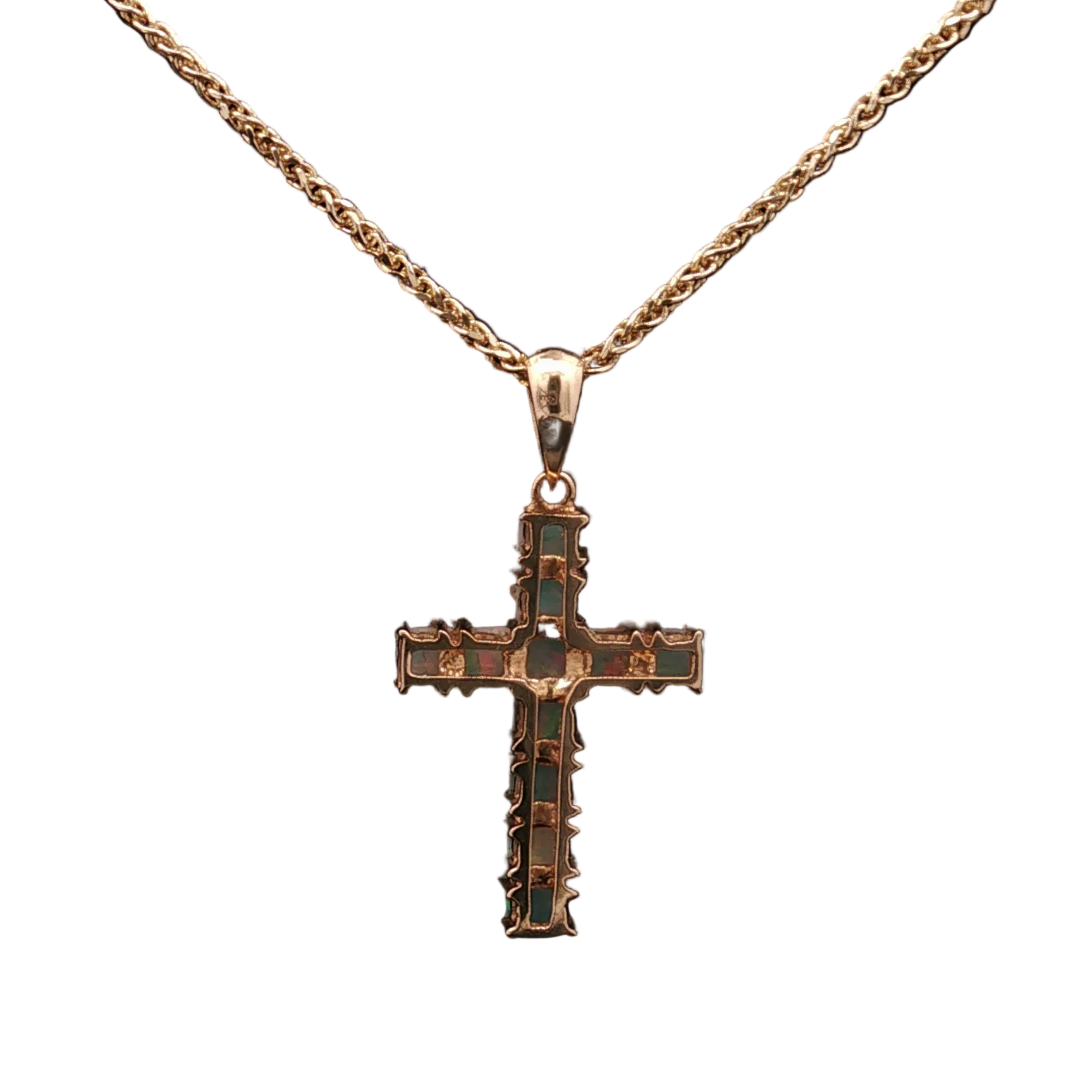 14K Yellow Gold Cushion Cut Opal Cross Pendant