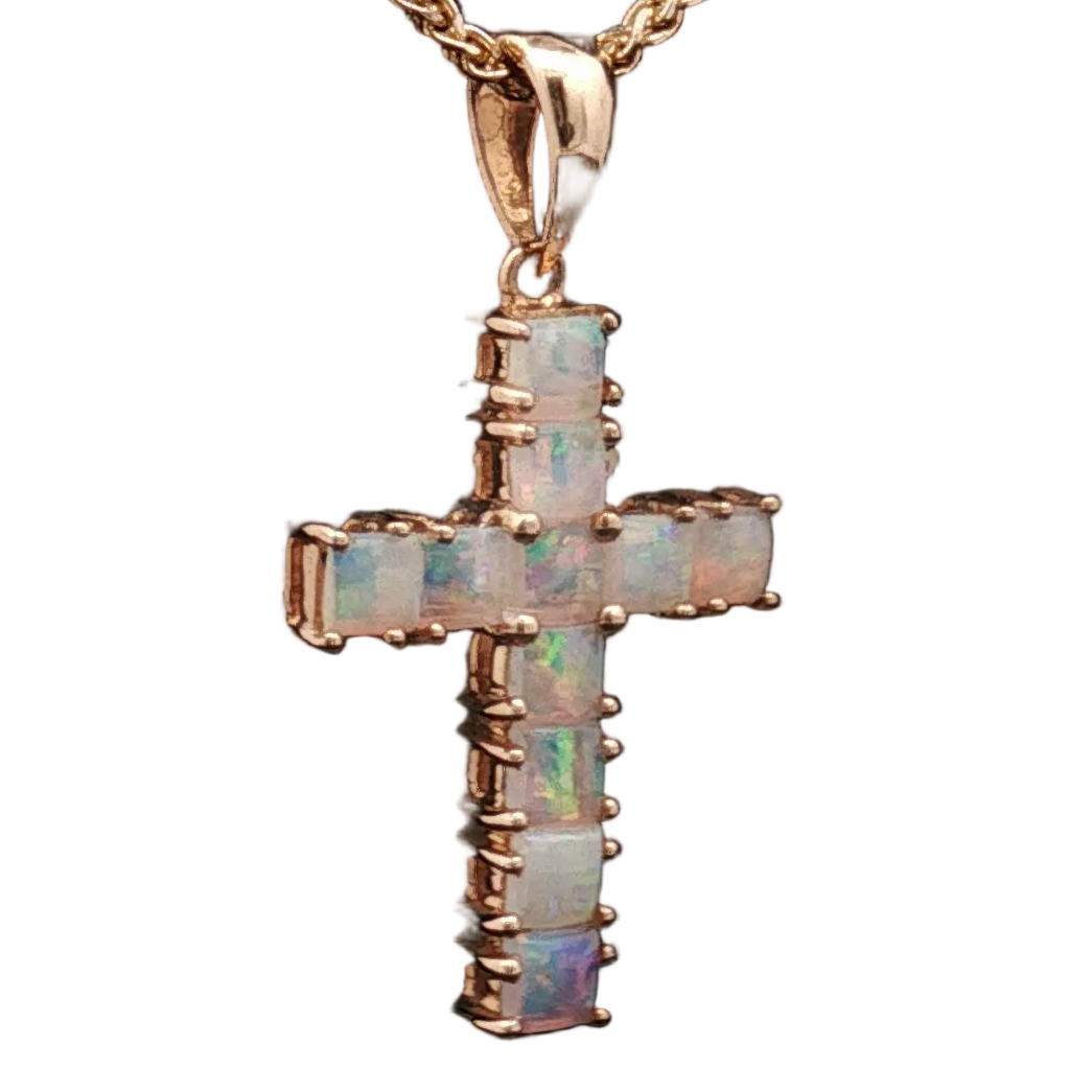 14K Yellow Gold Cushion Cut Opal Cross Pendant