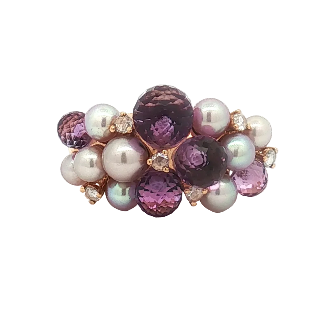 Estate Mimi Milano 18K Yellow Gold Amethyst, Pearl and Diamond Ring