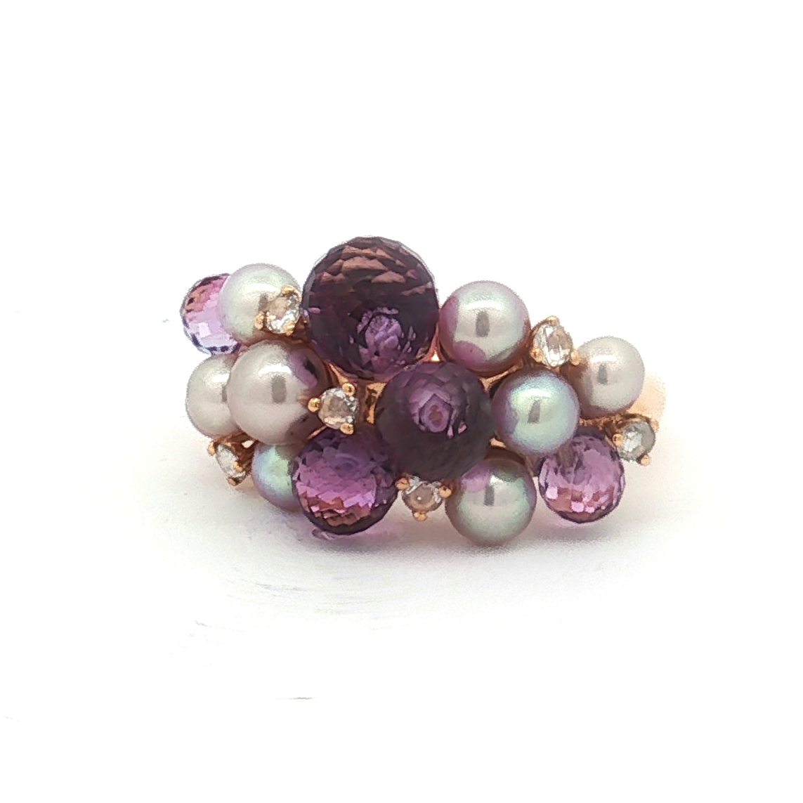 Estate Mimi Milano 18K Yellow Gold Amethyst, Pearl and Diamond Ring