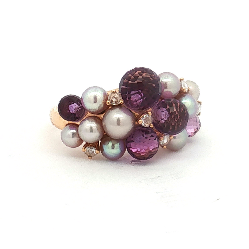 Estate Mimi Milano 18K Yellow Gold Amethyst, Pearl and Diamond Ring